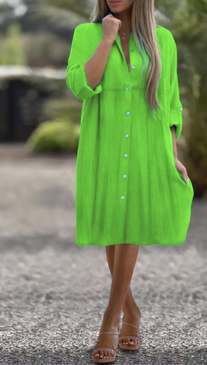 Damen Lockeres Hemdkleid mit Knopfleiste, 3/4-Ärmeln und Seitentaschen Drune
