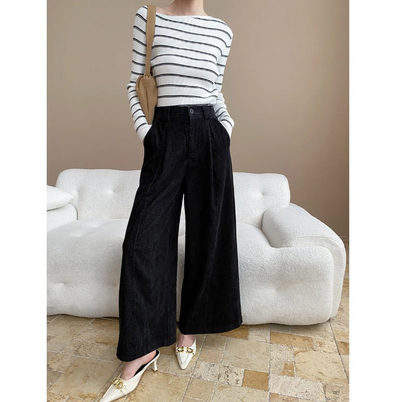 Damen elegante weit geschnittene Hose mit hoch tailliertem Bund und praktischen Taschen Drune