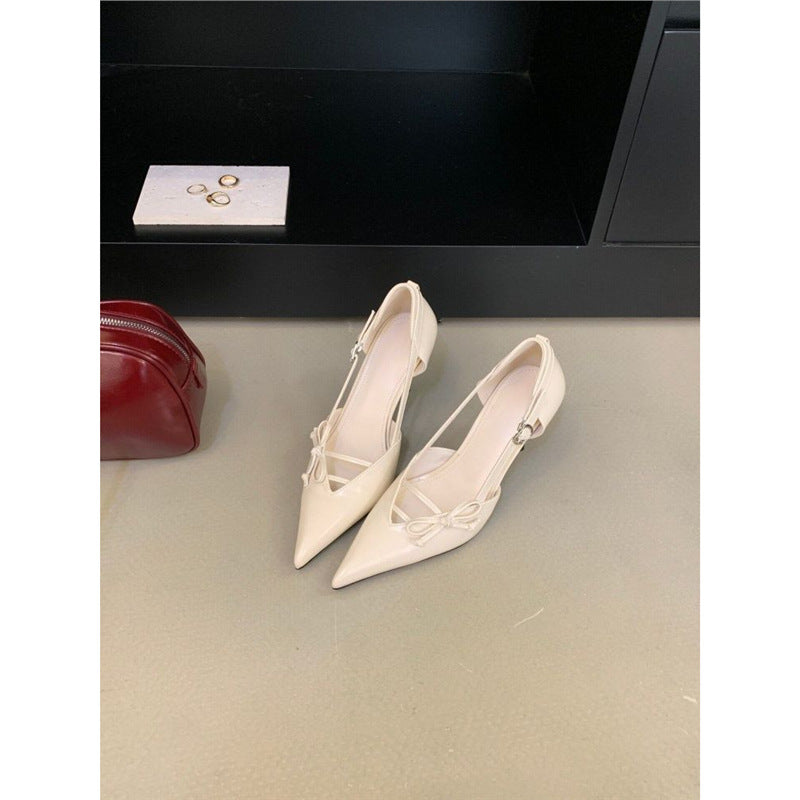 Damen Elegante spitz zulaufende Slingback-Ballerinas mit verstellbarem Knöchelriemen, V‑Ausschnitt und zierlicher Schleife Drune