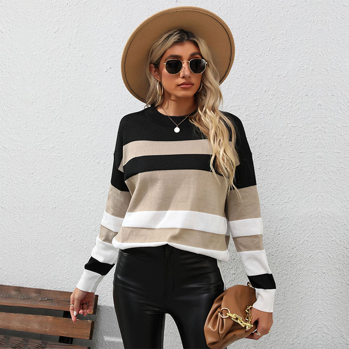 Damen Gestreifter Oversize-Feinstrickpullover mit Rundhalsausschnitt und Rippbündchen Drune