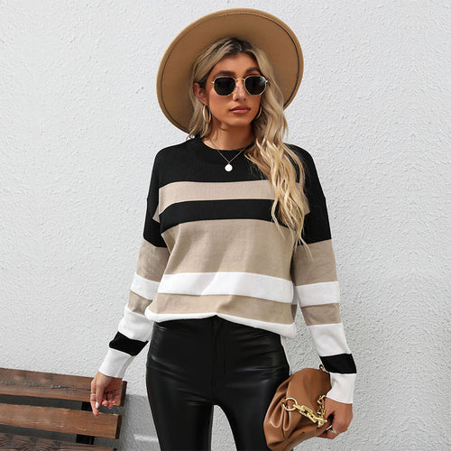 Damen Gestreifter Oversize-Feinstrickpullover mit Rundhalsausschnitt und Rippbündchen Drune