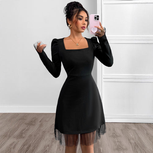 Damen Elegantes Kleid mit Puffärmeln und transparentem Saum Drune