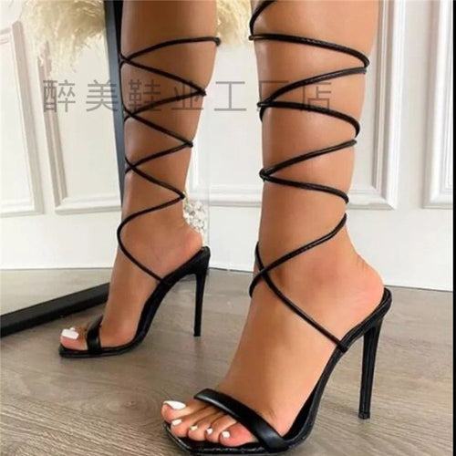 Damen elegante Riemchen Sandalen mit hohen Absatz und modischem Schnürdesign Drune