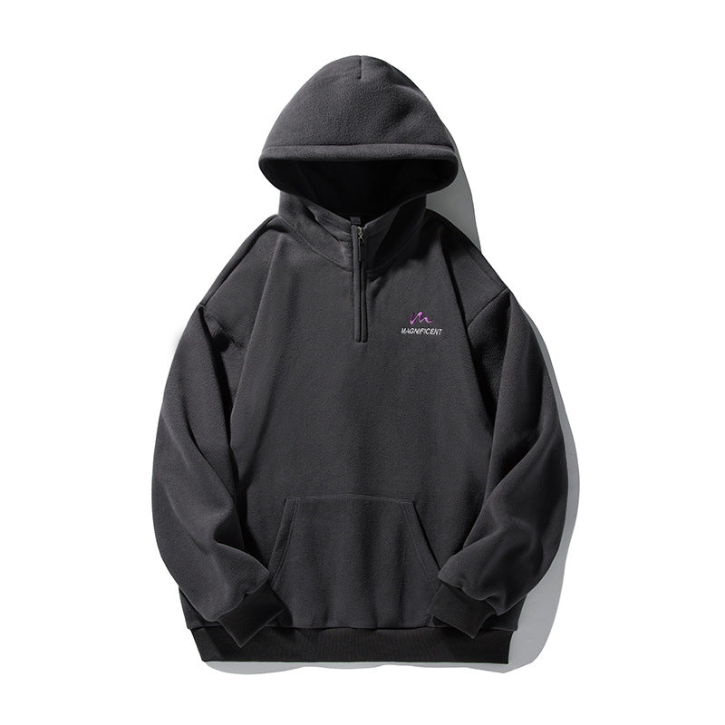 Unisex Fleece-Halbzip-Kapuzenpullover mit Kängurutasche und geripptem Saum Drune