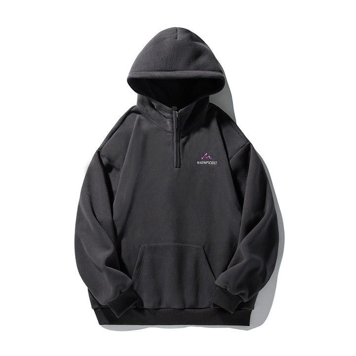 Unisex Fleece-Halbzip-Kapuzenpullover mit Kängurutasche und geripptem Saum Drune
