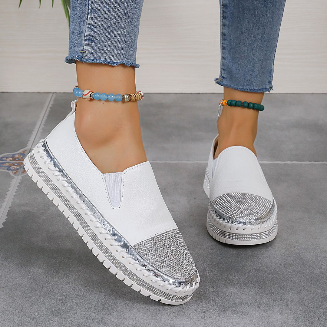 Damen Slip-On Plateau-Slipper mit Strassbesatz, elastischem Einstieg und profilierter Gummisohle Drune