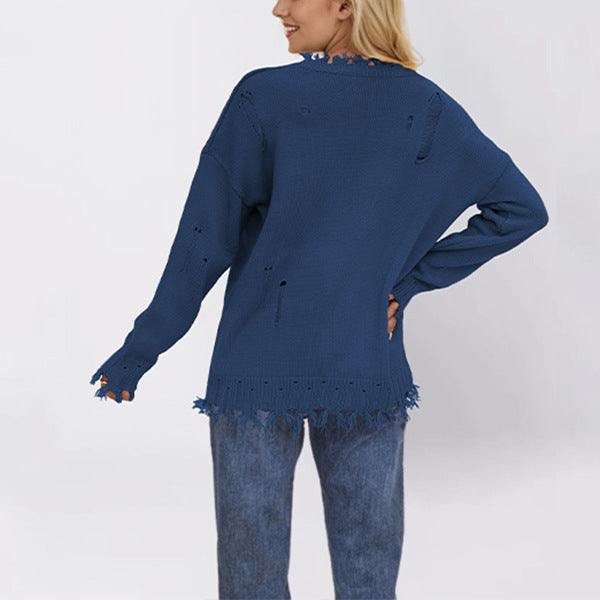 Damen modischer Pullover mit Flaggenmotiv und Fransensaum Drune