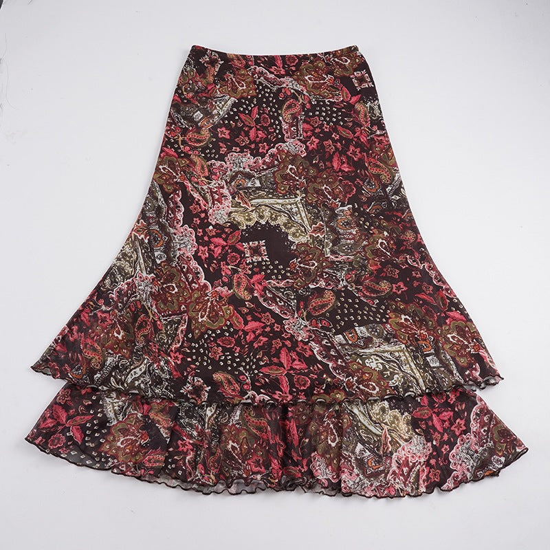 Damen Chiffon-Midirock mit mehrlagigem Volant, Paisley-Print und Zipfelsaum Drune
