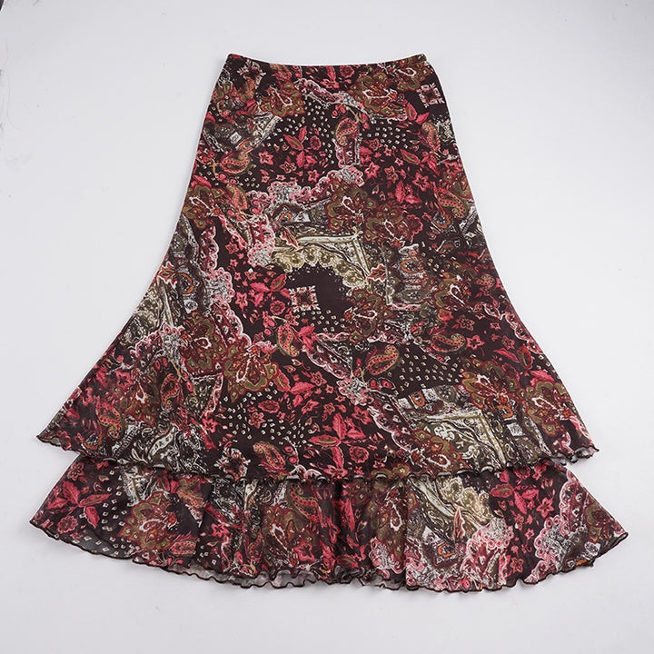 Damen Chiffon-Midirock mit mehrlagigem Volant, Paisley-Print und Zipfelsaum Drune
