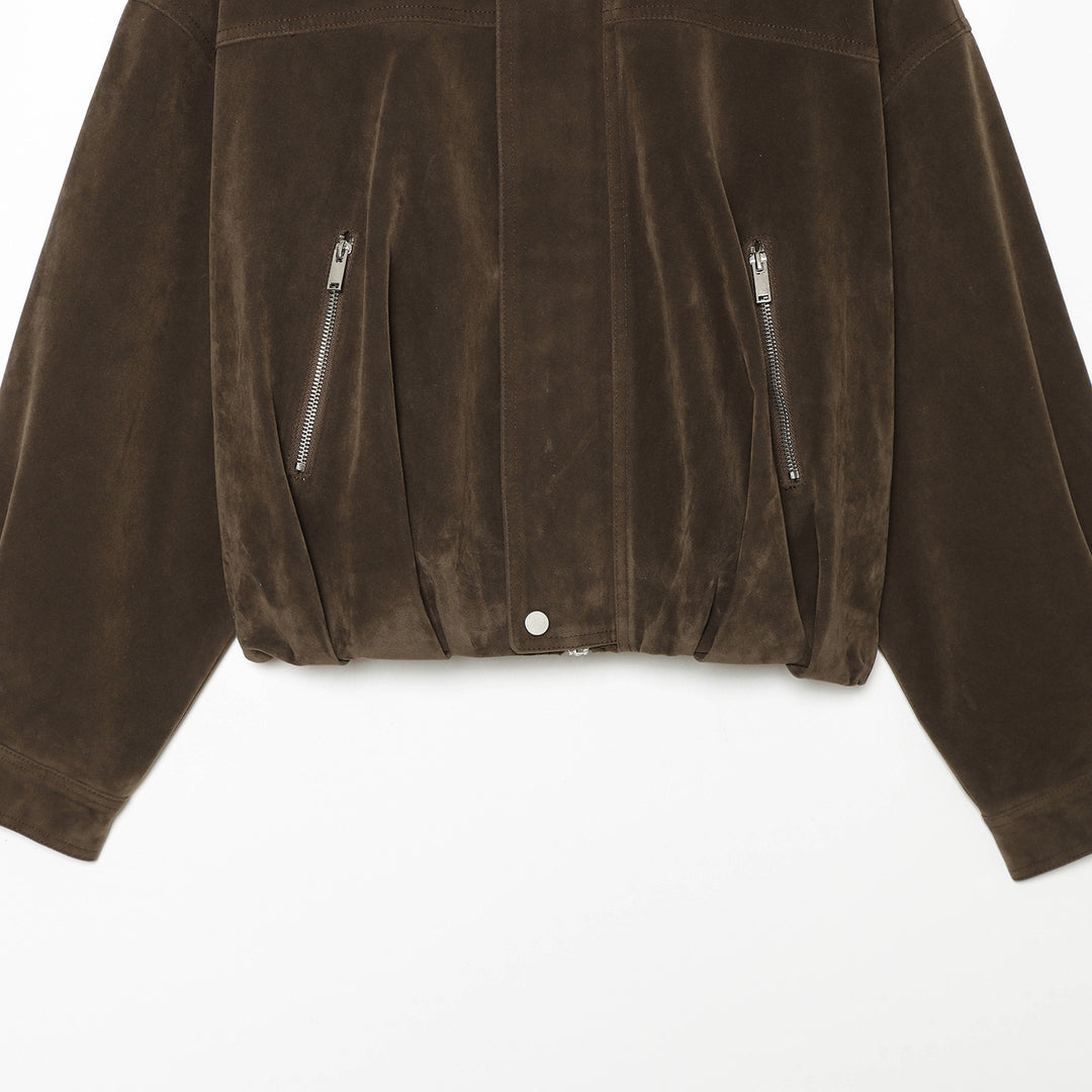 Damen nan kastiger Cropped Veloursleder-Blouson mit Stehkragen und diagonalem Reißverschlusstaschen-Detail Drune