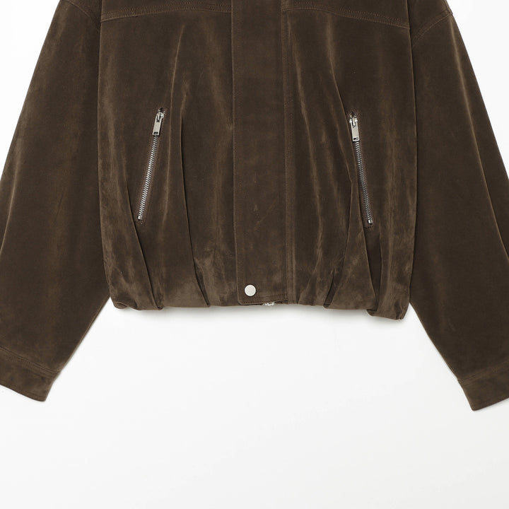 Damen nan kastiger Cropped Veloursleder-Blouson mit Stehkragen und diagonalem Reißverschlusstaschen-Detail Drune
