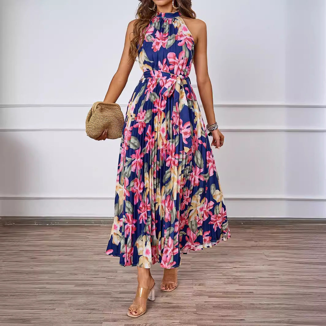 Damen Maxikleid mit detaillierter Plisseeverarbeitung und schickem Bindegürtel Drune