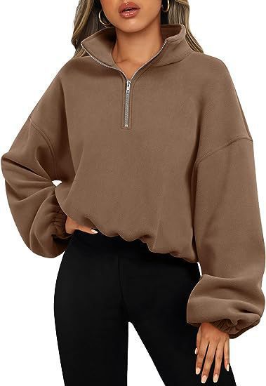 Damen nan kurz geschnittenes Halbzip-Sweatshirt mit hohem Stehkragen, Ballonärmeln und elastischem Saum Drune