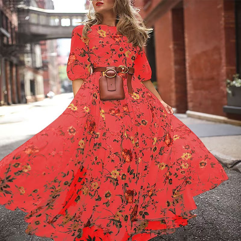 Damen Maxikleid mit floralem Design und voluminösen Ärmeln Drune