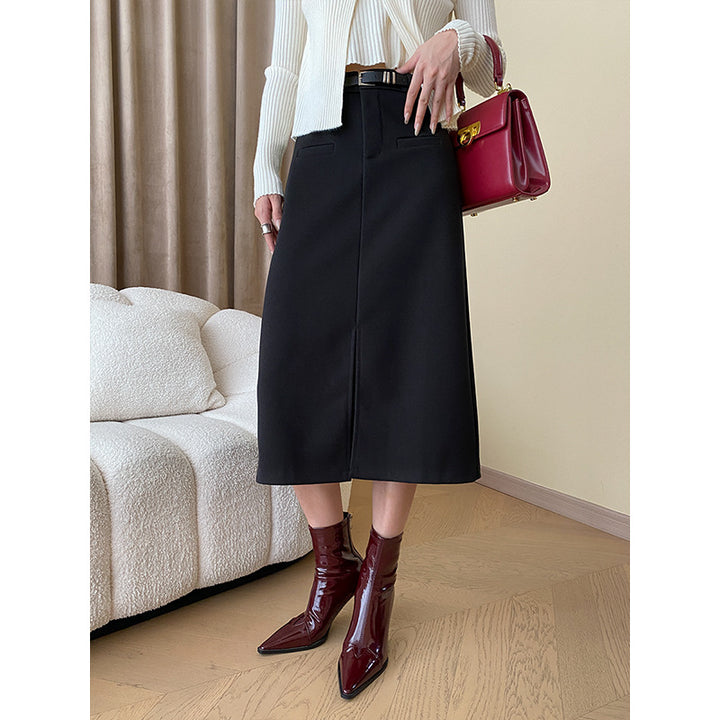 Damen eleganter Midirock mit hohem Bund und praktischen Eingrifftaschen Drune
