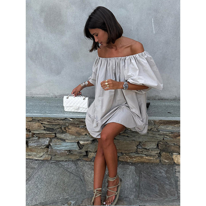Damen Off-Shoulder Sommerkleid mit voluminösen Ärmeln und fließendem Schnitt Drune