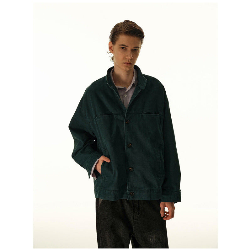 Herren Lockeres Canvas-Overshirt mit Stehkragen, aufgesetzten Eingrifftaschen und markanten Nahtdetails Drune