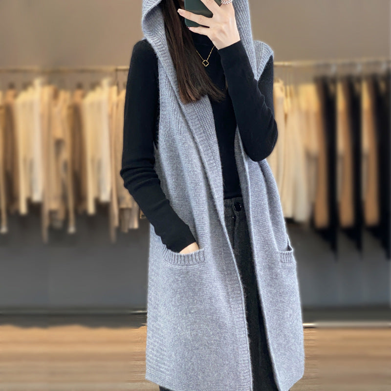 Damen Strickweste mit Kapuze und Taschen Drune