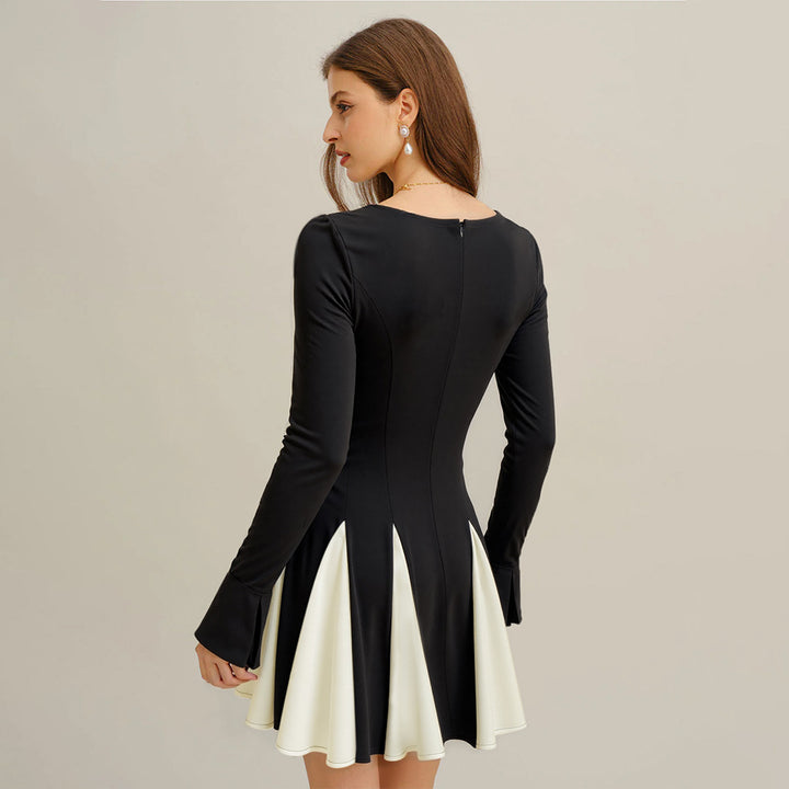 Damen A-Linien Kleid mit eleganten Puffärmeln und modischem Farbkontrast Drune