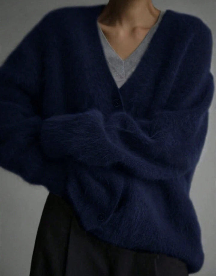 Damen Flauschiger Oversize-Knopfcardigan mit tiefem V-Ausschnitt und Eingrifftaschen Drune