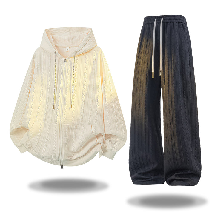 Damen Gehäkeltes Cable-Knit Lounge-Set mit Kapuzen‑Zipjacke & Palazzo‑Hose Drune