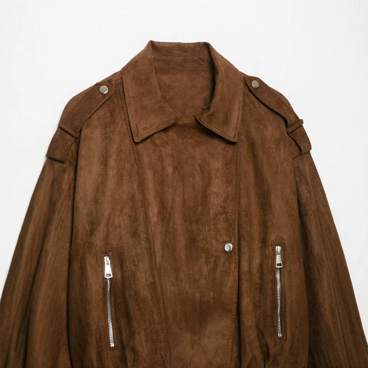Damen Kurz geschnittene Wildleder-Bikerjacke mit Schulterklappen Drune