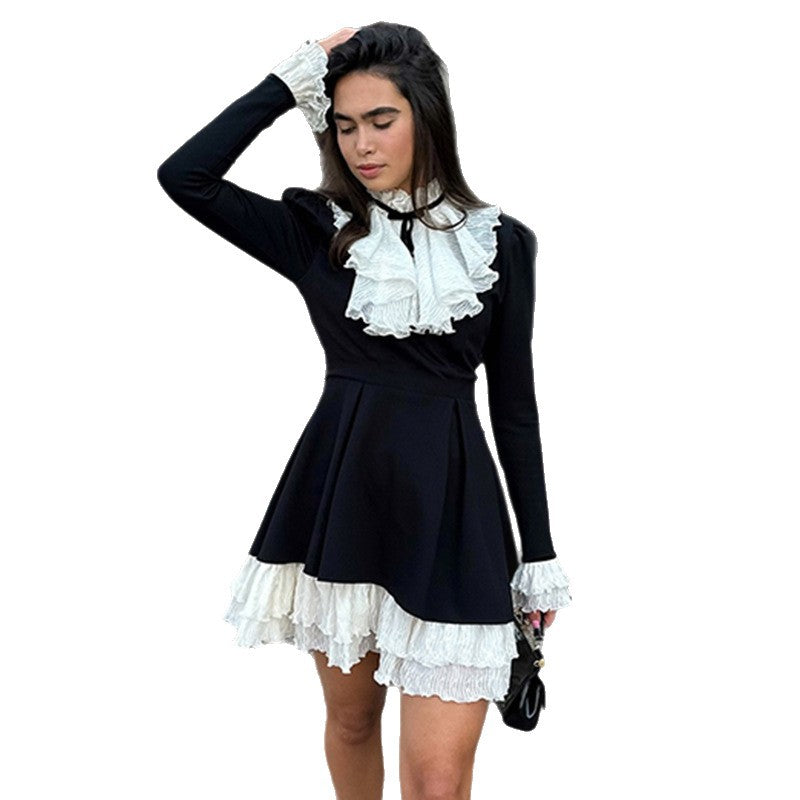 Damen nan viktorianisches Rüschenkleid mit Stehkragen, gerafftem Volant und mehrlagigem Plissee-Unterrock Drune