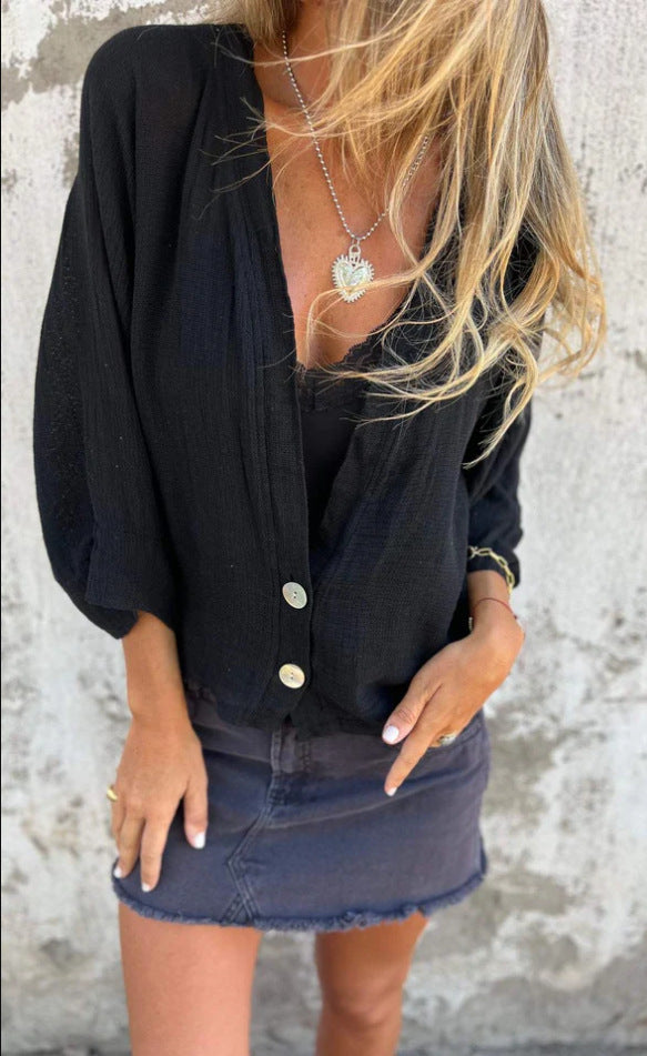 Damen Wickelbluse mit Knopfverschluss und leichtem Stoff Drune