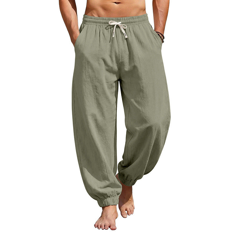Herren Weite Leinenoptik-Strandhose mit Kordelzug, elastischem Bund und gerafften Beinabschlüssen Drune