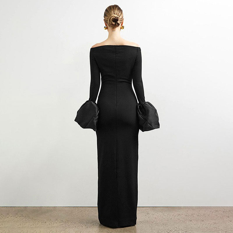 Damen Elegantes Langarm-Maxikleid mit Off-Shoulder-Ausschnitt und Rüschendetails Drune