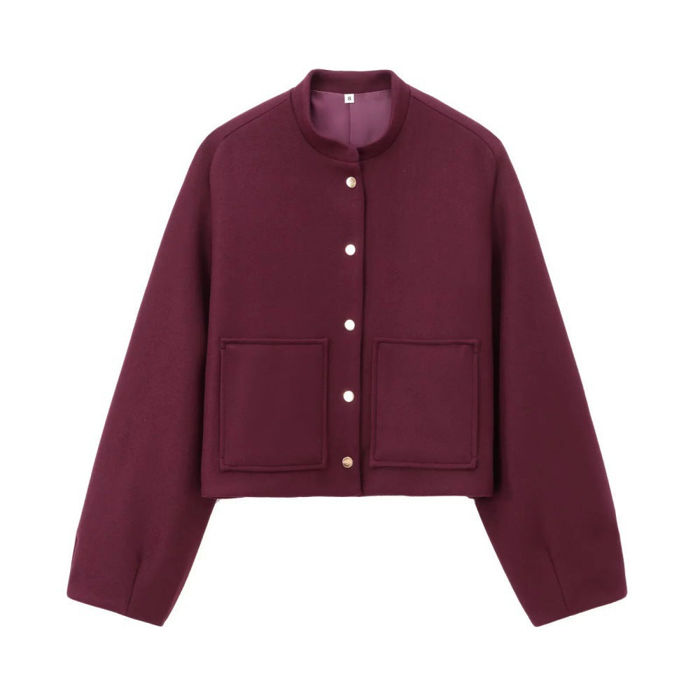 Damen Cropped Wollboxy‑Jacke mit kurzem Stehkragen und aufgesetzten Taschen Drune