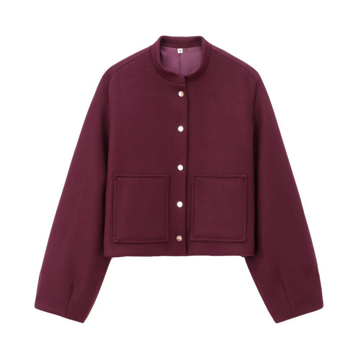 Damen Cropped Wollboxy‑Jacke mit kurzem Stehkragen und aufgesetzten Taschen Drune