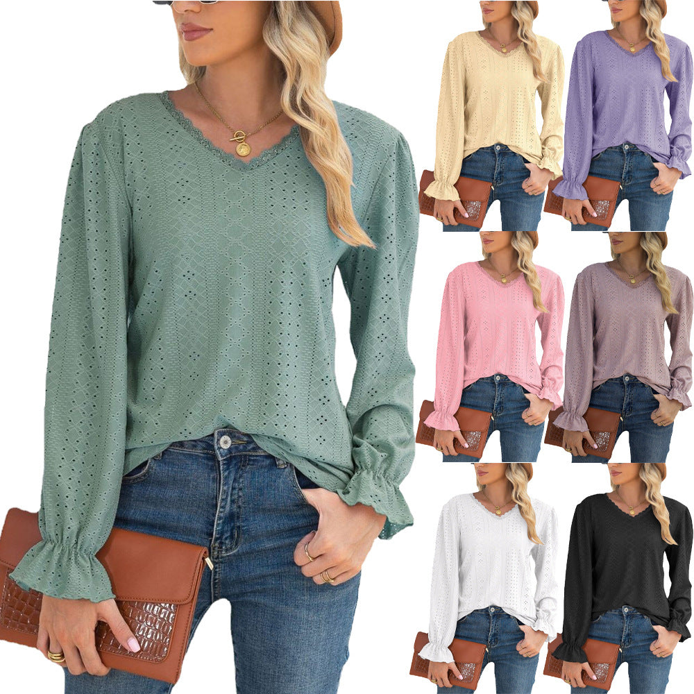 Damen Blusenshirt mit Lochmuster und elastischen Ärmelbündchen Drune
