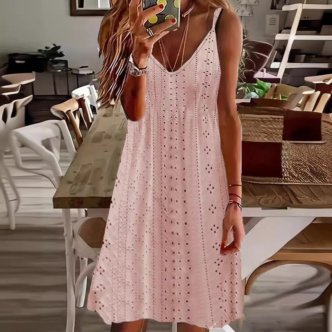 Damen Ärmelloses Sommerkleid mit dekorativem Lochmuster und V-Ausschnitt Drune