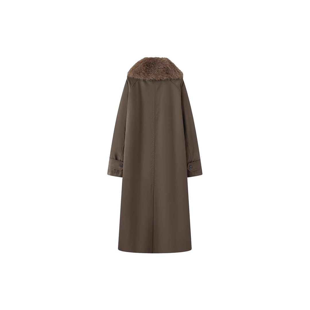 Damen langer Oversize Wollmantel mit abnehmbarem Kunstfellkragen und seitlichen Eingrifftaschen Drune
