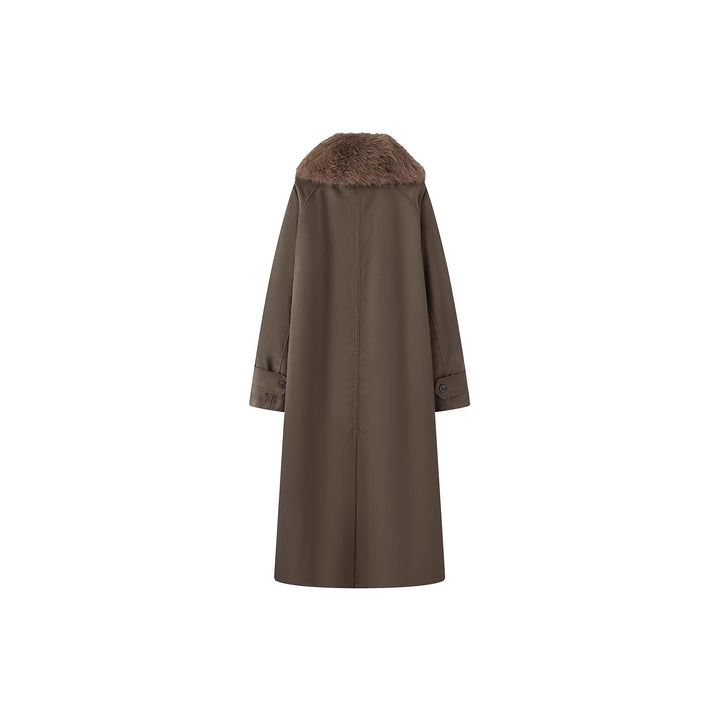 Damen langer Oversize Wollmantel mit abnehmbarem Kunstfellkragen und seitlichen Eingrifftaschen Drune