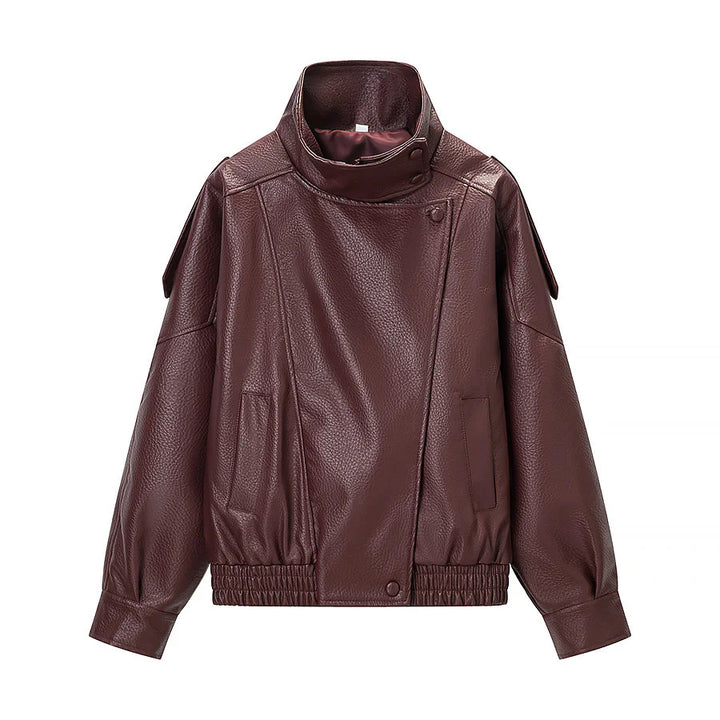 Damen nan oversized Kunstlederblouson mit hohem Stehkragen, asymmetrischer Druckknopfleiste und elastischem Saum Drune
