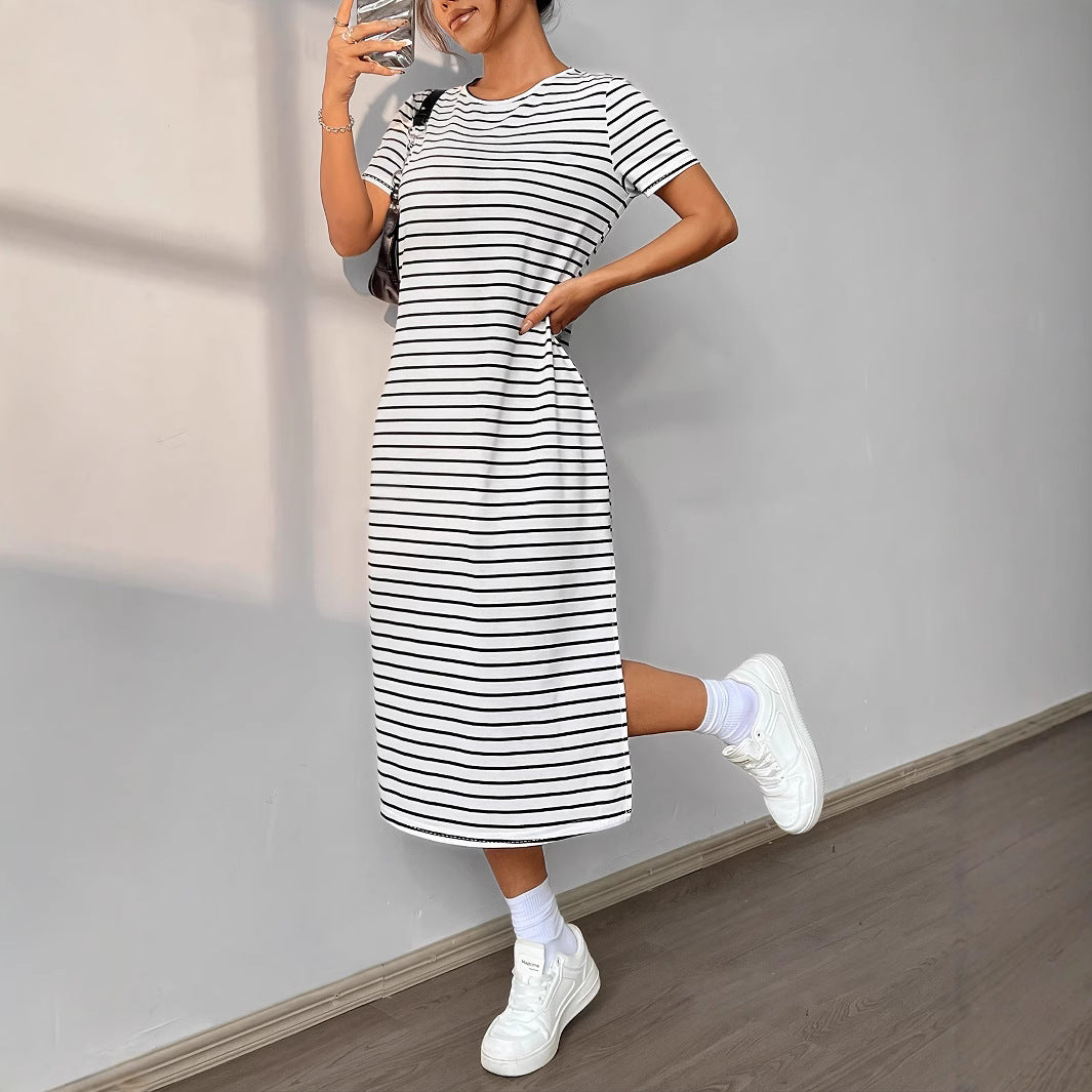 Damen Midi-Kleid mit lässigem Streifenmuster und seitlichem Schlitz Drune