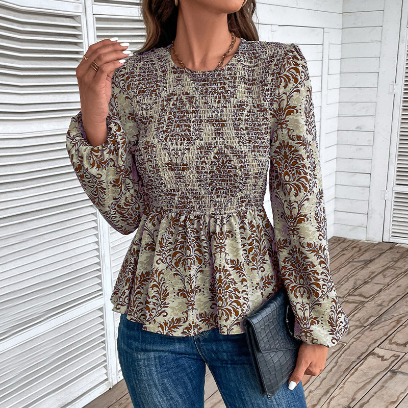 Damen Gerafftes Smock-Blusenshirt mit Peplum und voluminösen Puffärmeln Drune