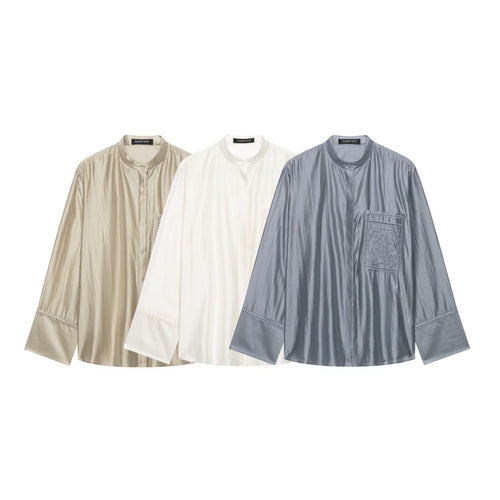 Damen Oversize Seidenoptik-Bluse mit Stehkragen und bestickter Brusttasche Drune