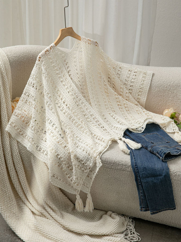 Damen luftiger Strickponcho mit Fransen Drune
