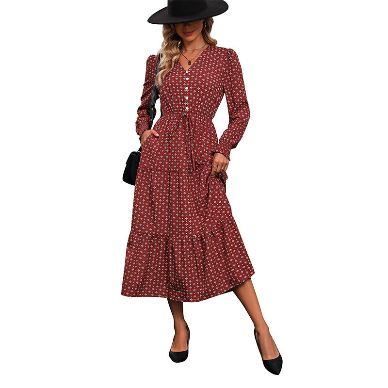 Damen Elegantes Midi-Kleid mit Rüschen und Bindeband Drune