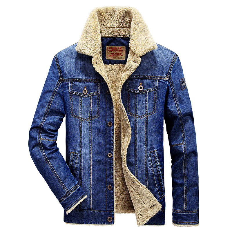 Herren Jeansjacke im Worker‑Look mit Stehkragen, Brustpattentaschen und Ziernähten Drune