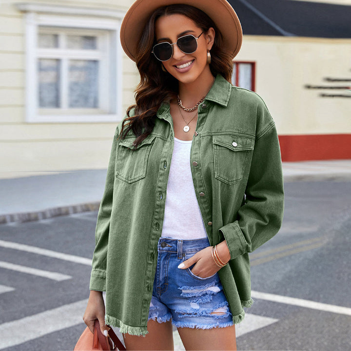 Damen Denim-Hemdjacke mit abgerundetem Saum und abnehmbaren Taschen Drune