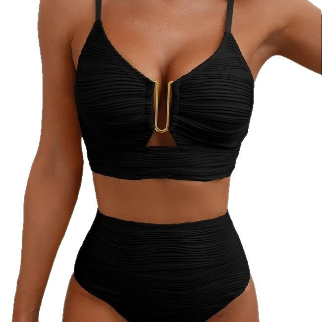 Damen Hoher Bund Bikini mit dekorativem Schlitz Drune