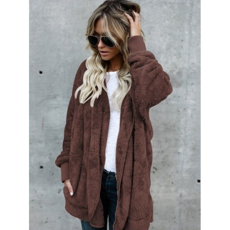 Damen Kuschelige Teddy‑Fleece‑Cardigan mit Kapuze, Oversize‑Schnitt und aufgesetzten Taschen Drune