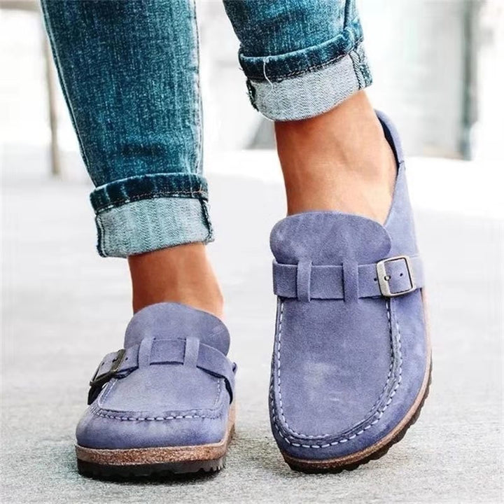 Damen Veloursleder-Slipper mit ergonomischer Korksohle und verstellbarem Schnallenriemen Drune