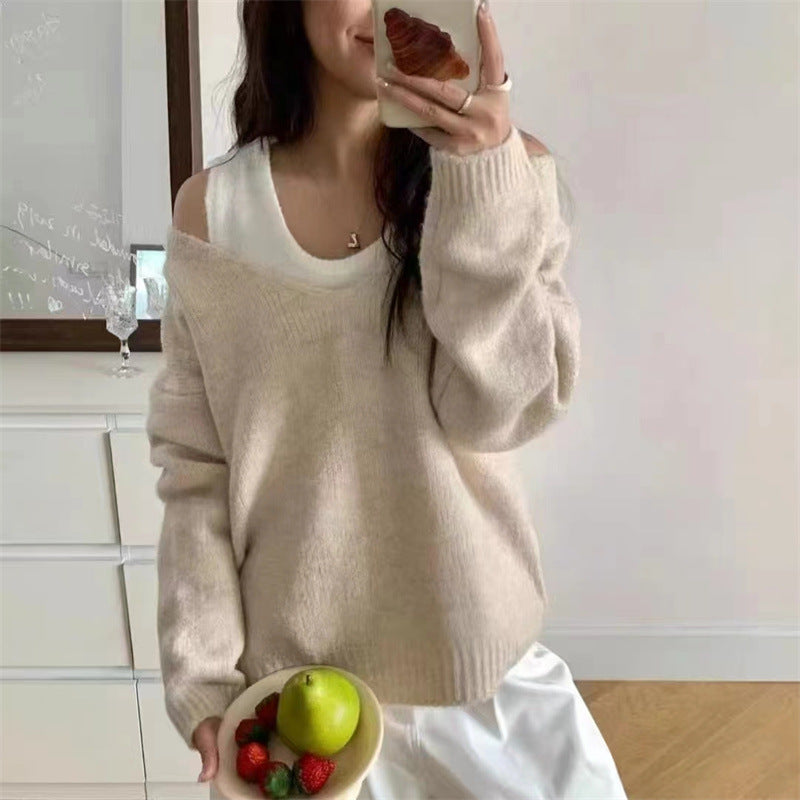 Damen lässiger Pullover mit einem modernen V-Ausschnitt und offenen Schultern Drune