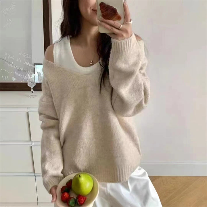 Damen lässiger Pullover mit einem modernen V-Ausschnitt und offenen Schultern Drune