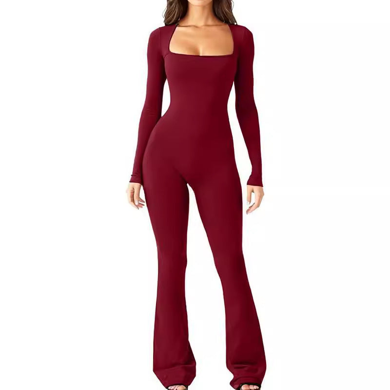 Damen nan figurbetonter Langarm-Jumpsuit mit quadratischem Ausschnitt und ausgestellter Schlaghose Drune